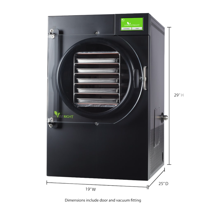 Professional black freeze drying machine with clear door showing multiple metal trays inside, designed for easy food preservation, part of Kitchen & Food, Food Preservation, Freezing, Drying, and Best Sellers collections.