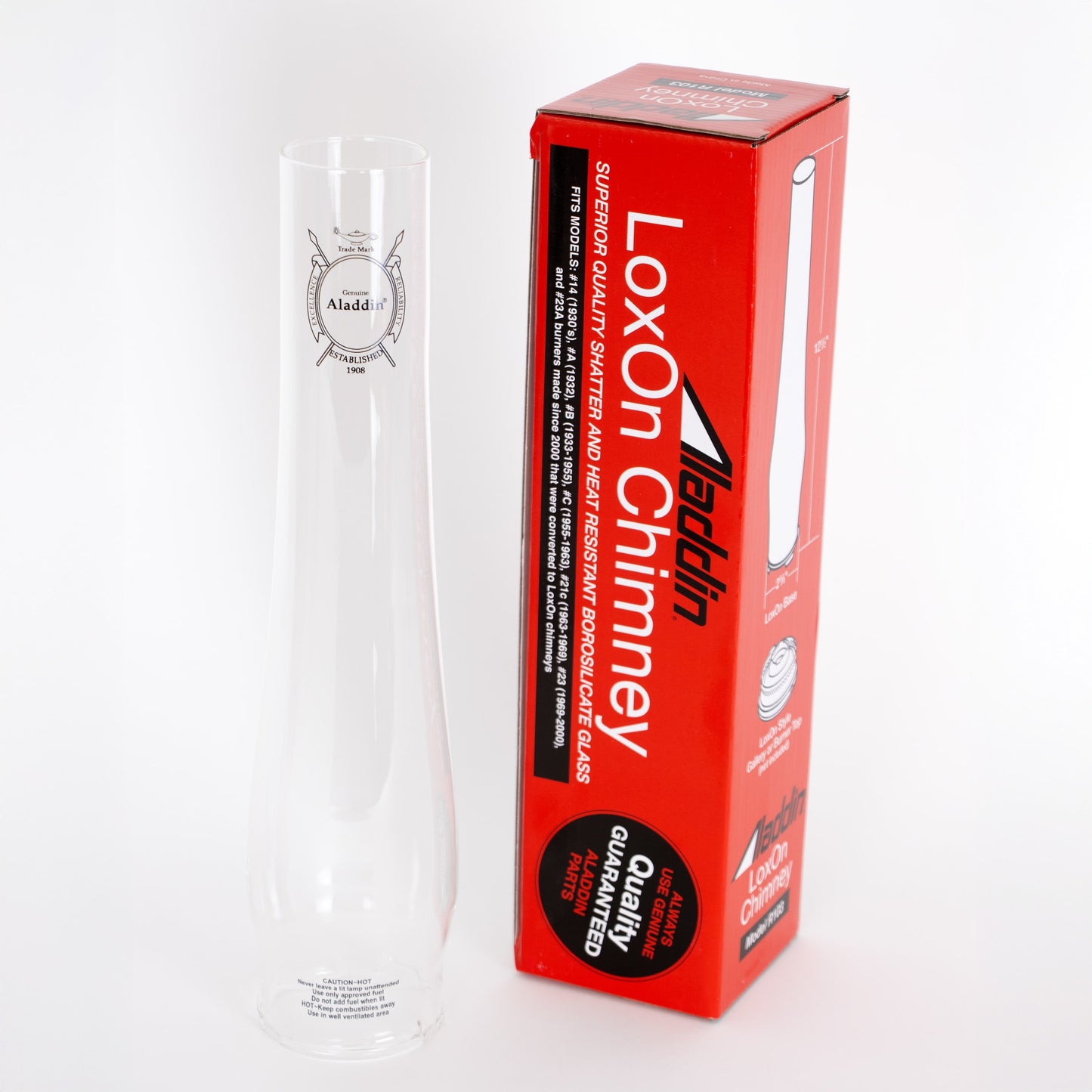 Clear Aladdin Standard chimney designed for lamps, shown next to bold red packaging emphasizing shatter resistance and heat durability, ideal for Lamps & Lighting, Parts and Accessories, Chimneys and Globes, Best Sellers, and Promo Eligible collections.