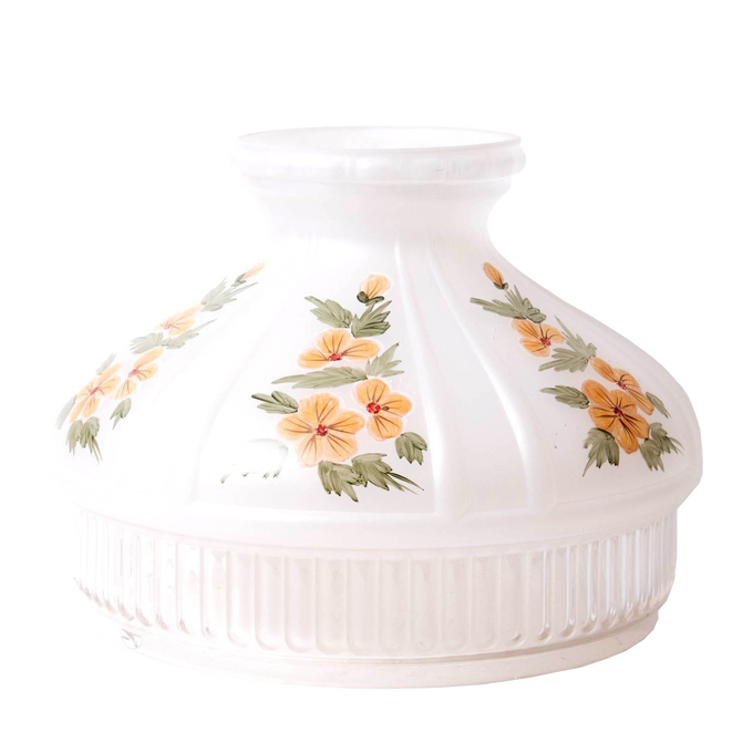 Hand-molded glass oil lamp shade with delicate buttercup floral patterns in soft yellow and green, designed for use with Aladdin lamps in Lamps & Lighting and Lamp Shades collections.
