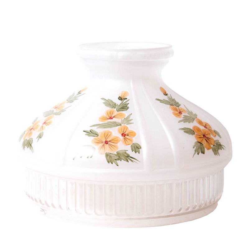 Hand-molded glass oil lamp shade with delicate buttercup floral patterns in soft yellow and green, designed for use with Aladdin lamps in Lamps & Lighting and Lamp Shades collections.