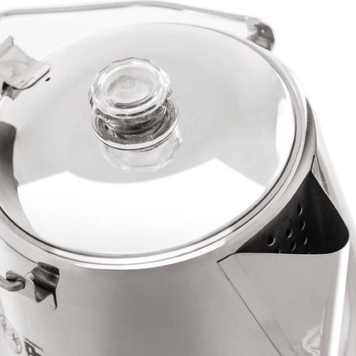 Close-up of polished stainless steel percolator lid with clear glass knob and sturdy latch, designed for gentle coffee and tea brewing, ideal for Camping, Kitchen & Food, and Brewing Coffee and Tea collections.