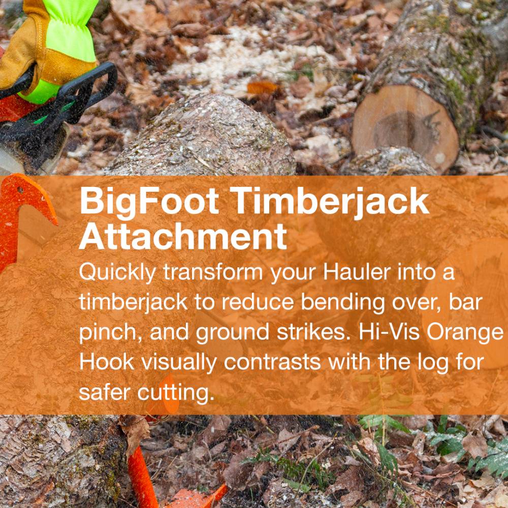 Gloved hand holding a bright orange BigFoot Timberjack attachment among fallen leaves and logs, designed to reduce bending and improve safety with high-visibility color, featured in Farm, Garden & Tool, Wood Cutting and Hauling, USA Made, Best Sellers, and Promo Eligible collections.