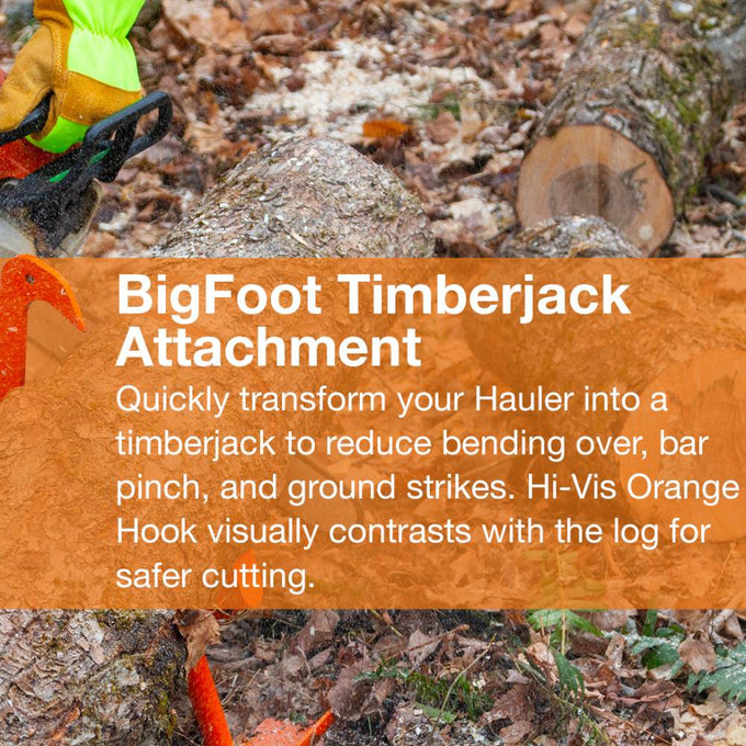 Gloved hand holding a bright orange BigFoot Timberjack attachment among fallen leaves and logs, designed to reduce bending and improve safety with high-visibility color, featured in Farm, Garden & Tool, Wood Cutting and Hauling, USA Made, Best Sellers, and Promo Eligible collections.