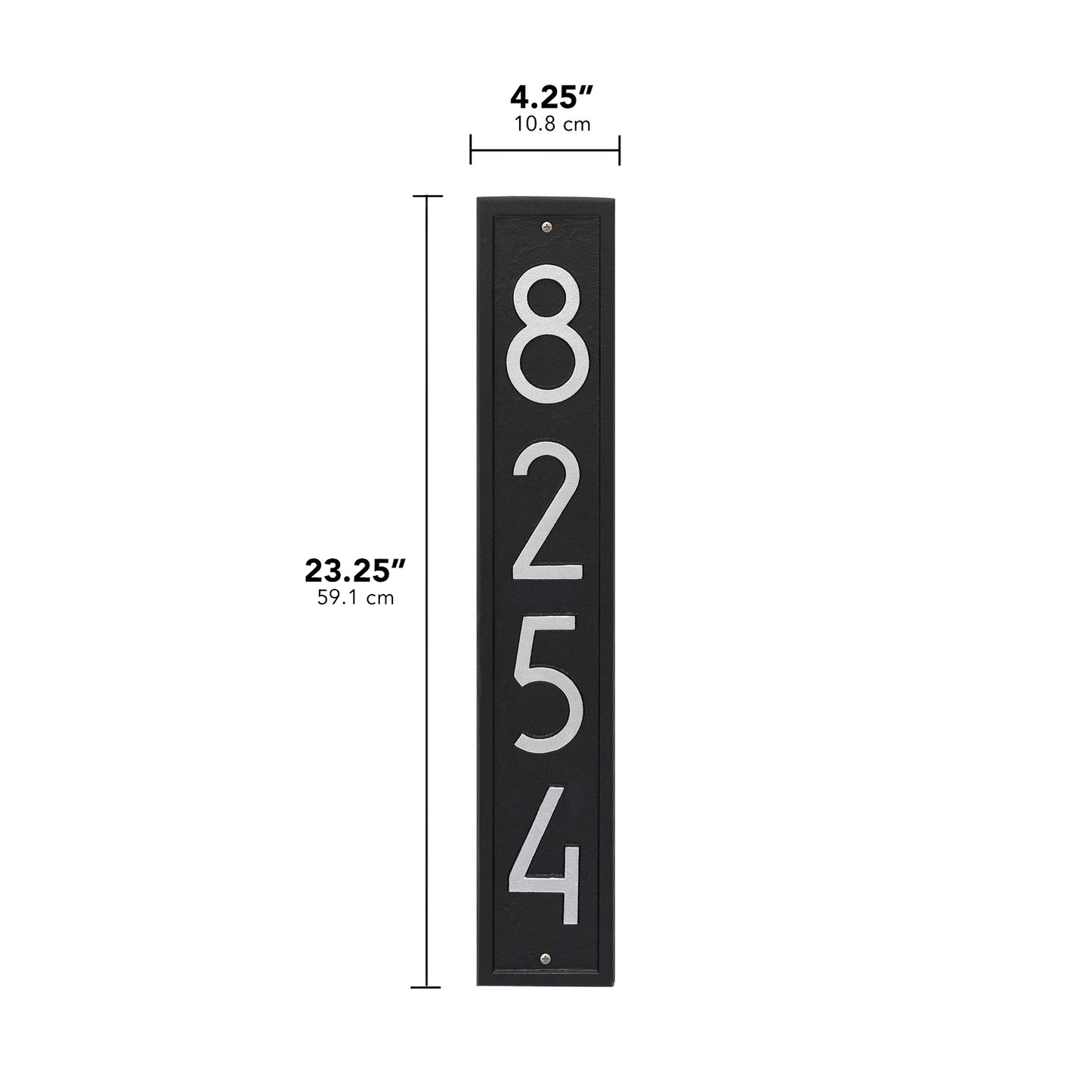 Handcrafted vertical black and silver address plaque featuring contemporary numbers 8254, made in USA, ideal for Home & Decor, Household Helpers, Mailboxes and Address Signs, Best Sellers, and Promo Eligible collections.