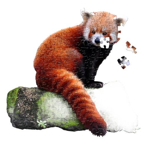 Partially completed 100-piece red panda shaped puzzle with large pieces fitting together on a mossy log, designed for children's toys, puzzles, and educational games collections.