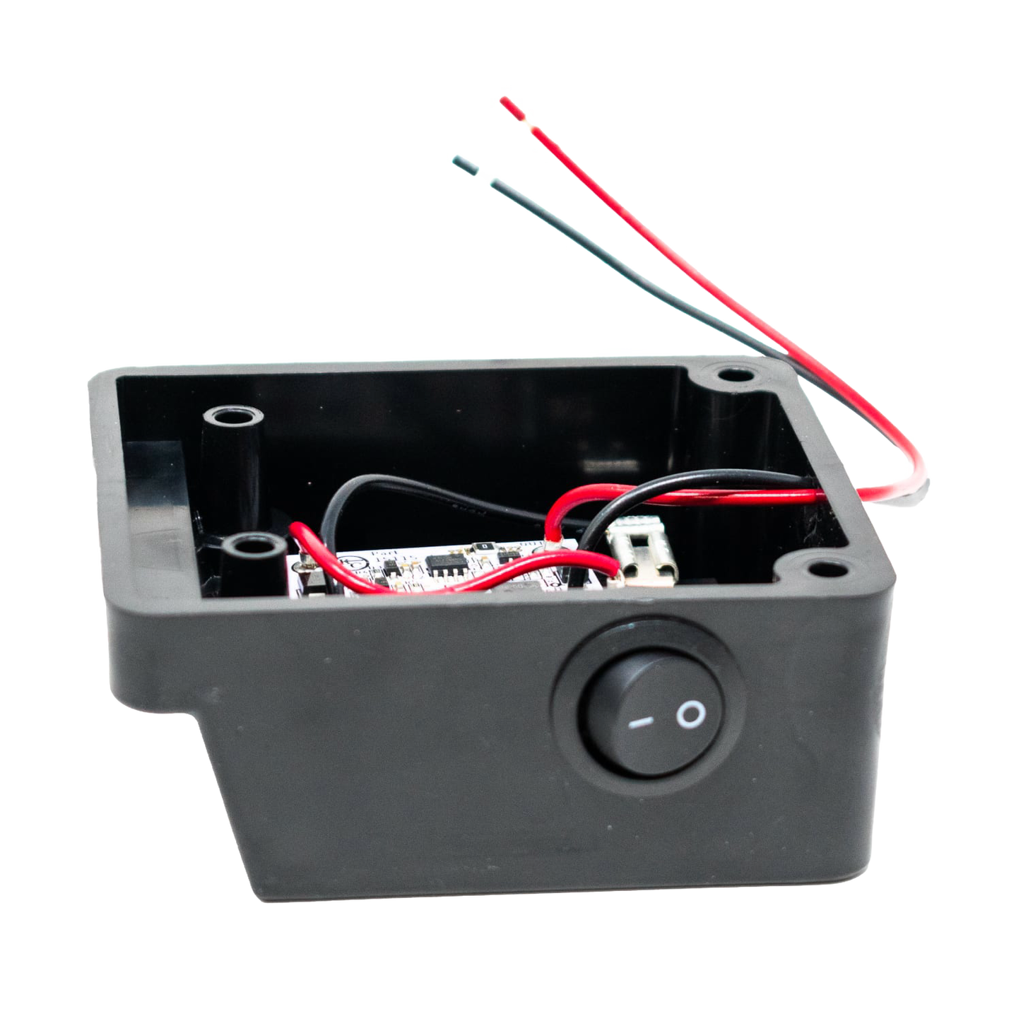 Compact black battery light adapter box with on/off switch and red and black wiring, designed for use in LED lighting within Lamps & Lighting and Battery, Solar, LED collections.