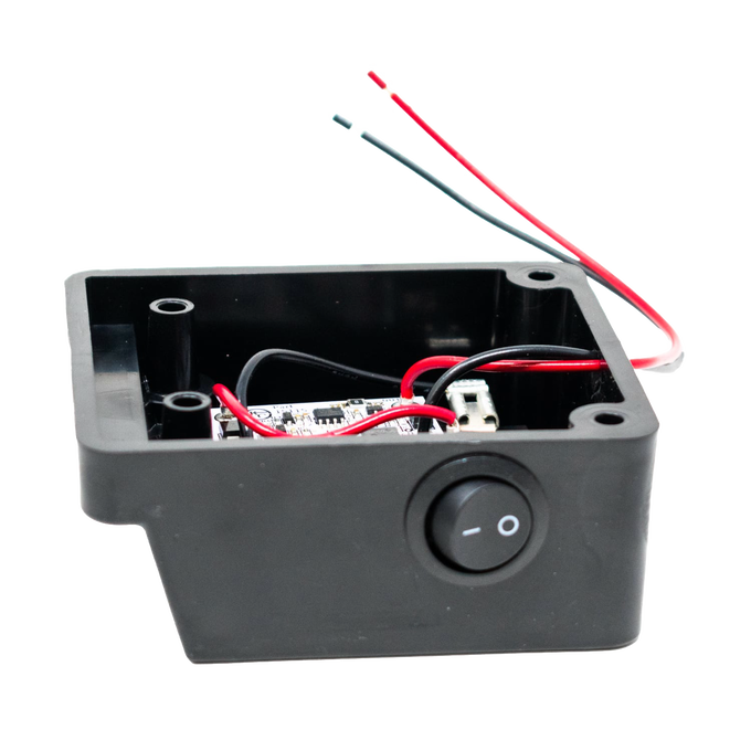 Compact black battery light adapter box with on/off switch and red and black wiring, designed for use in LED lighting within Lamps & Lighting and Battery, Solar, LED collections.