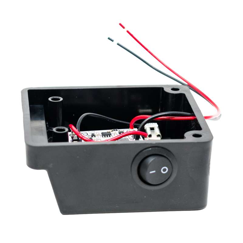 Compact black battery light adapter box with on/off switch and red and black wiring, designed for use in LED lighting within Lamps & Lighting and Battery, Solar, LED collections.