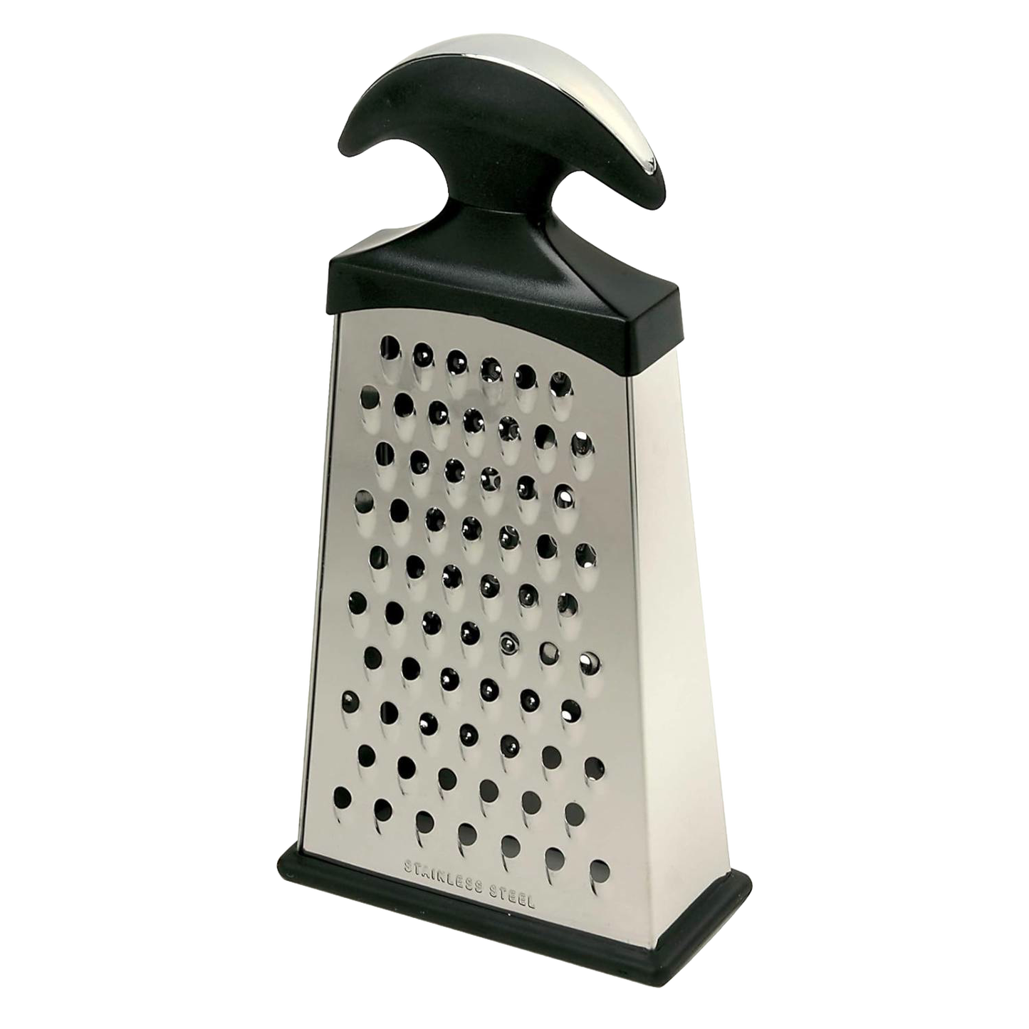 Stainless steel slim box grater featuring fine, medium, and coarse razor-sharp blades with ergonomic black handle and non-slip Santoprene base, ideal for Kitchen & Food, Kitchen Gadgets, Cooking and Baking Helpers, Best Sellers, and Promo Eligible collections.