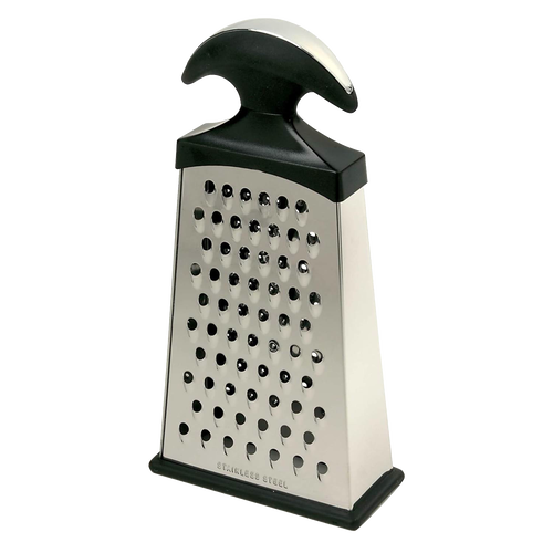 Stainless steel slim box grater featuring fine, medium, and coarse razor-sharp blades with ergonomic black handle and non-slip Santoprene base, ideal for Kitchen & Food, Kitchen Gadgets, Cooking and Baking Helpers, Best Sellers, and Promo Eligible collections.