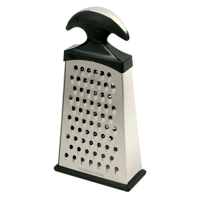 Stainless steel slim box grater featuring fine, medium, and coarse razor-sharp blades with ergonomic black handle and non-slip Santoprene base, ideal for Kitchen & Food, Kitchen Gadgets, Cooking and Baking Helpers, Best Sellers, and Promo Eligible collections.