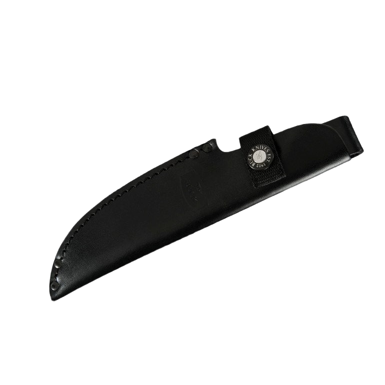 Black leather sheath with secure snap closure for a fixed blade camping knife, designed for durability and protection, ideal for Camping and Farm, Garden & Tool collections.