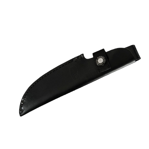 Black leather sheath with secure snap closure for a fixed blade camping knife, designed for durability and protection, ideal for Camping and Farm, Garden & Tool collections.