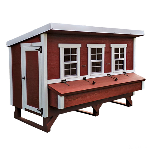 Handcrafted heavy-duty chicken coop with red wooden panels and white trim, featuring multiple windows, secure door, and slanted roof, designed for year-round use in Farm, Garden & Tool, Chicken Accessories, USA Made, Amish Made, and Best Sellers collections.
