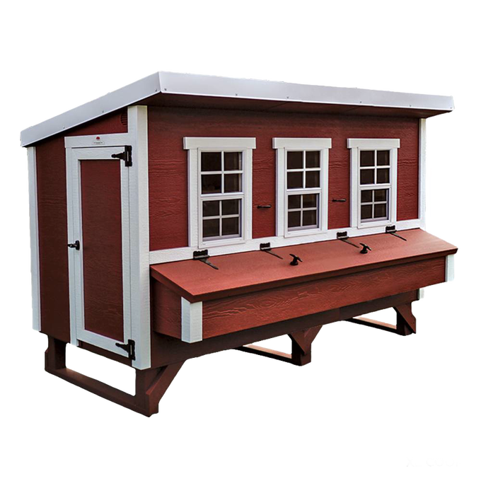 Handcrafted heavy-duty chicken coop with red wooden panels and white trim, featuring multiple windows, secure door, and slanted roof, designed for year-round use in Farm, Garden & Tool, Chicken Accessories, USA Made, Amish Made, and Best Sellers collections.