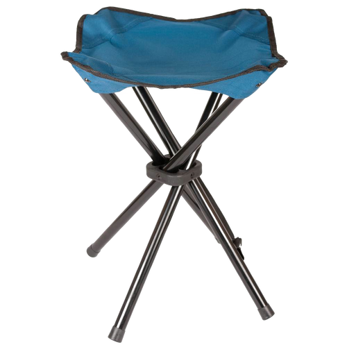 Compact three-legged folding stool with blue fabric seat and black metal legs, ideal for camping, picnics, and outdoor use, featured in Farm, Garden & Tool, Camping, Best Sellers, Promo Eligible, and Sale collections.