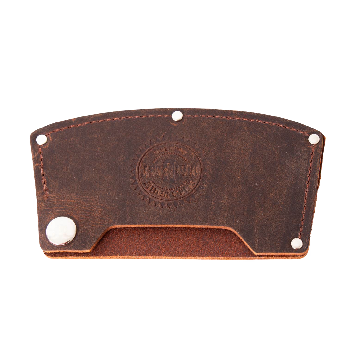 Handcrafted Amish made full-grain leather guard for single bit axes, featuring a snap closure and embossed branding, part of USA made Farm, Garden & Tool and Hand Tools collections.