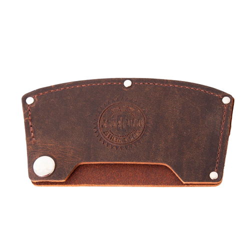 Handcrafted Amish made full-grain leather guard for single bit axes, featuring a snap closure and embossed branding, part of USA made Farm, Garden & Tool and Hand Tools collections.