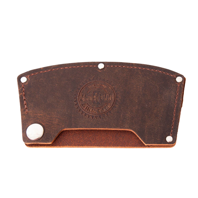 Handcrafted Amish made full-grain leather guard for single bit axes, featuring a snap closure and embossed branding, part of USA made Farm, Garden & Tool and Hand Tools collections.