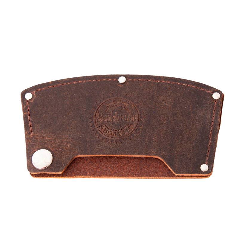 Handcrafted Amish made full-grain leather guard for single bit axes, featuring a snap closure and embossed branding, part of USA made Farm, Garden & Tool and Hand Tools collections.