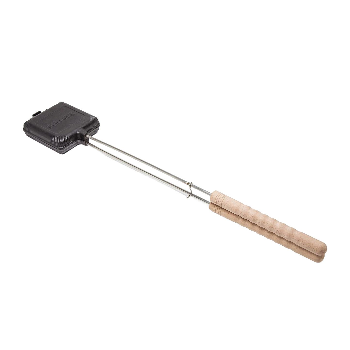 Cast iron sandwich iron with hinged mold and wooden handle, designed for toasting sandwiches over campfires, featured in Farm, Garden & Tool, Camping, Best Sellers, and Promo Eligible collections.