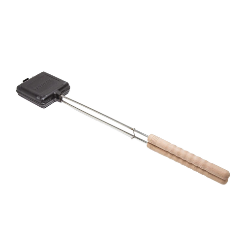 Cast iron sandwich iron with hinged mold and wooden handle, designed for toasting sandwiches over campfires, featured in Farm, Garden & Tool, Camping, Best Sellers, and Promo Eligible collections.