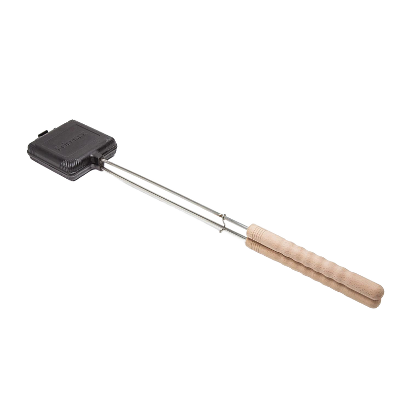 Cast iron sandwich iron with hinged mold and wooden handle, designed for toasting sandwiches over campfires, featured in Farm, Garden & Tool, Camping, Best Sellers, and Promo Eligible collections.