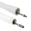 Close-up of stainless steel pump rods inserted into white PVC drop pipes, highlighting durable construction ideal for water pump repairs and maintenance in USA Made and Pump Parts collections.