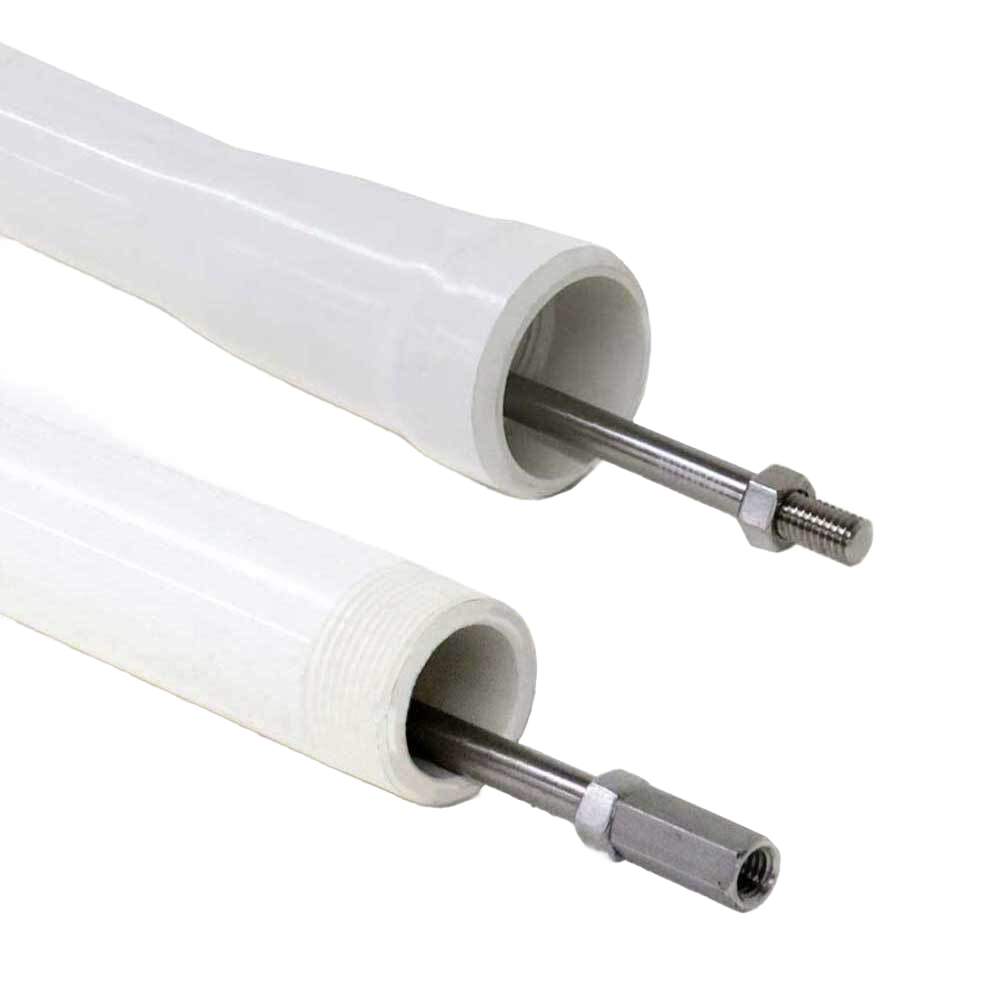 Close-up of stainless steel pump rods inserted into white PVC drop pipes, highlighting durable construction ideal for water pump repairs and maintenance in USA Made and Pump Parts collections.