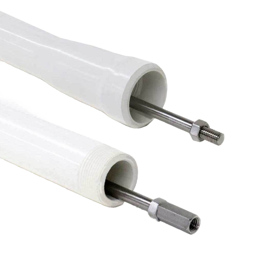 Close-up of stainless steel pump rods inserted into white PVC drop pipes, highlighting durable construction ideal for water pump repairs and maintenance in USA Made and Pump Parts collections.