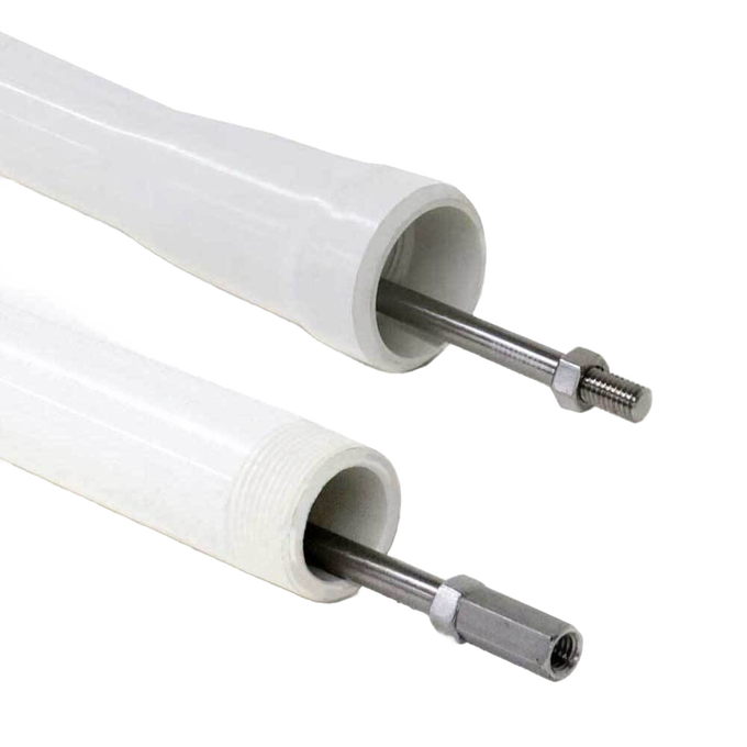 Close-up of stainless steel pump rods inserted into white PVC drop pipes, highlighting durable construction ideal for water pump repairs and maintenance in USA Made and Pump Parts collections.