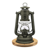 Unique handcrafted metal oil lantern with matte finish, positioned on a bamboo coaster engraved with matching logo, ideal for lamps, camping, emergency supplies, and outdoor use.