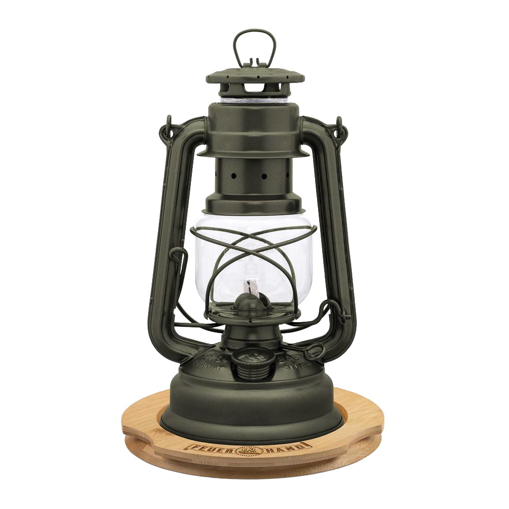 Unique handcrafted metal oil lantern with matte finish, positioned on a bamboo coaster engraved with matching logo, ideal for lamps, camping, emergency supplies, and outdoor use.