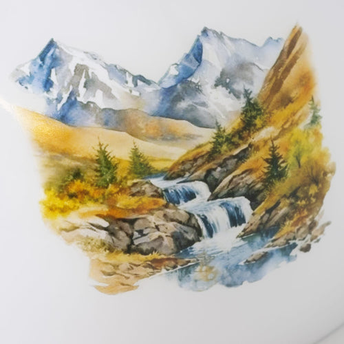 Handcrafted glass lamp shade featuring a painted mountain stream scene with snowy peaks and autumn trees, perfect for Lamps & Lighting and Lamp Shades collections.