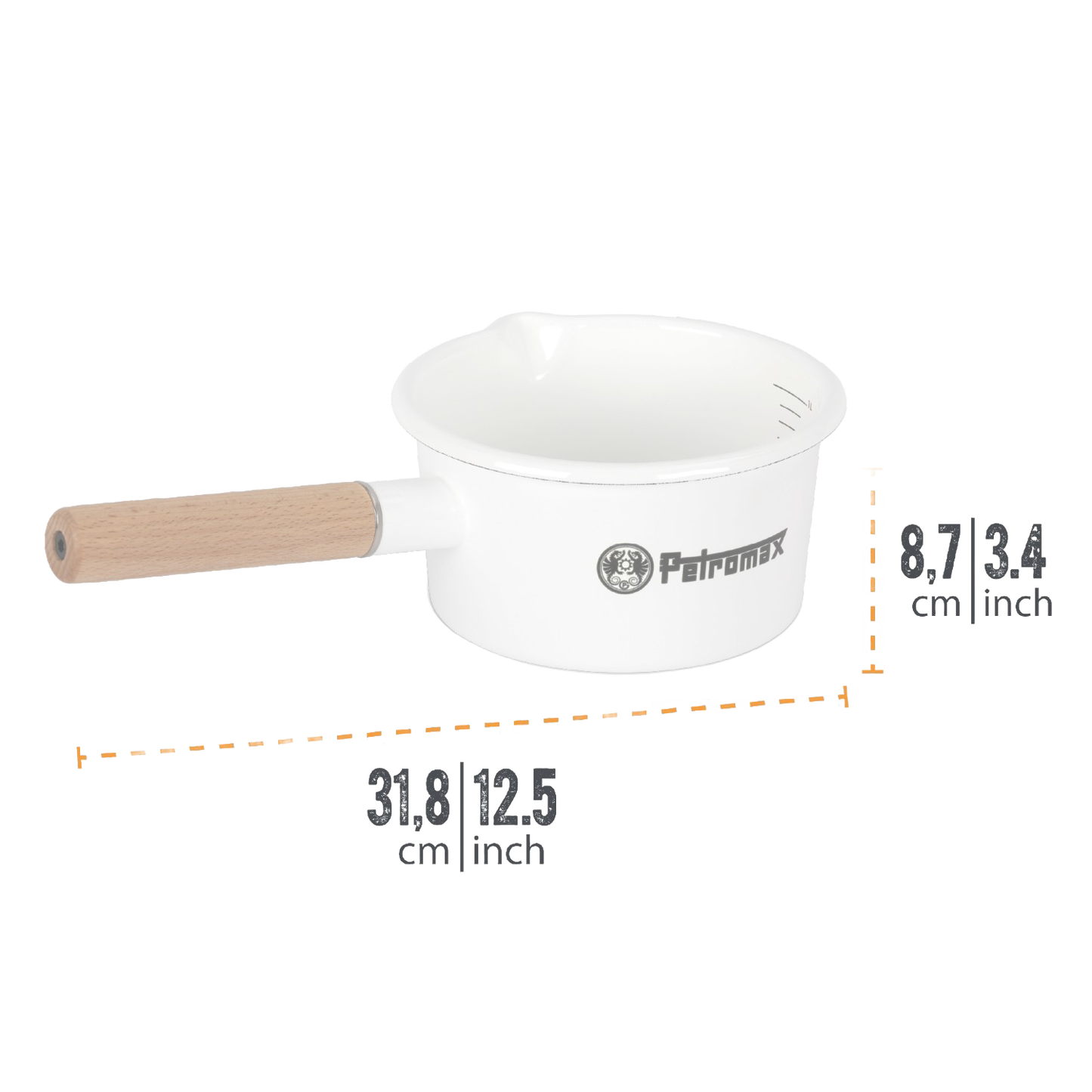 White enamel pan with a natural wooden handle and interior liter measurement marks, designed for precise outdoor cooking in Camping, Kitchen & Food, Farm, Garden & Tool, Cookware, Pots and Pans, Best Sellers, and Promo Eligible collections.
