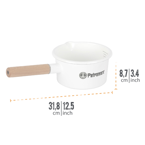 White enamel pan with a natural wooden handle and interior liter measurement marks, designed for precise outdoor cooking in Camping, Kitchen & Food, Farm, Garden & Tool, Cookware, Pots and Pans, Best Sellers, and Promo Eligible collections.