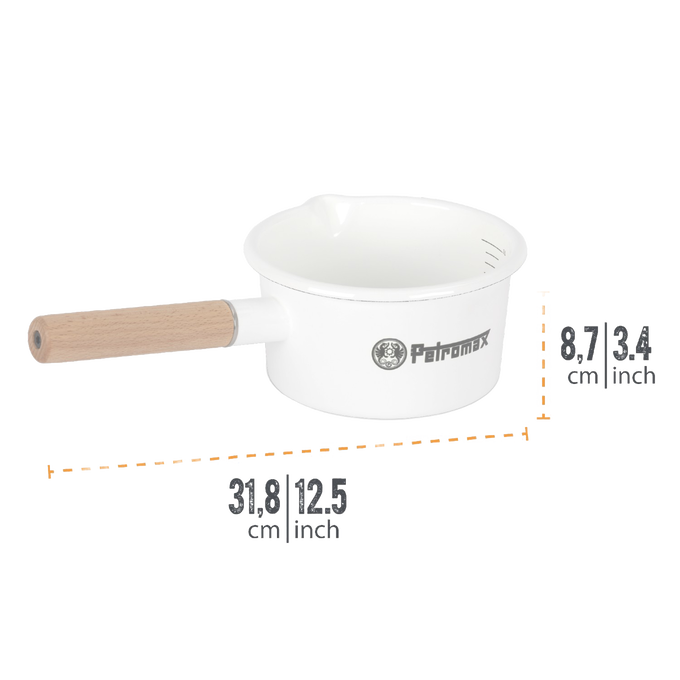 White enamel pan with a natural wooden handle and interior liter measurement marks, designed for precise outdoor cooking in Camping, Kitchen & Food, Farm, Garden & Tool, Cookware, Pots and Pans, Best Sellers, and Promo Eligible collections.