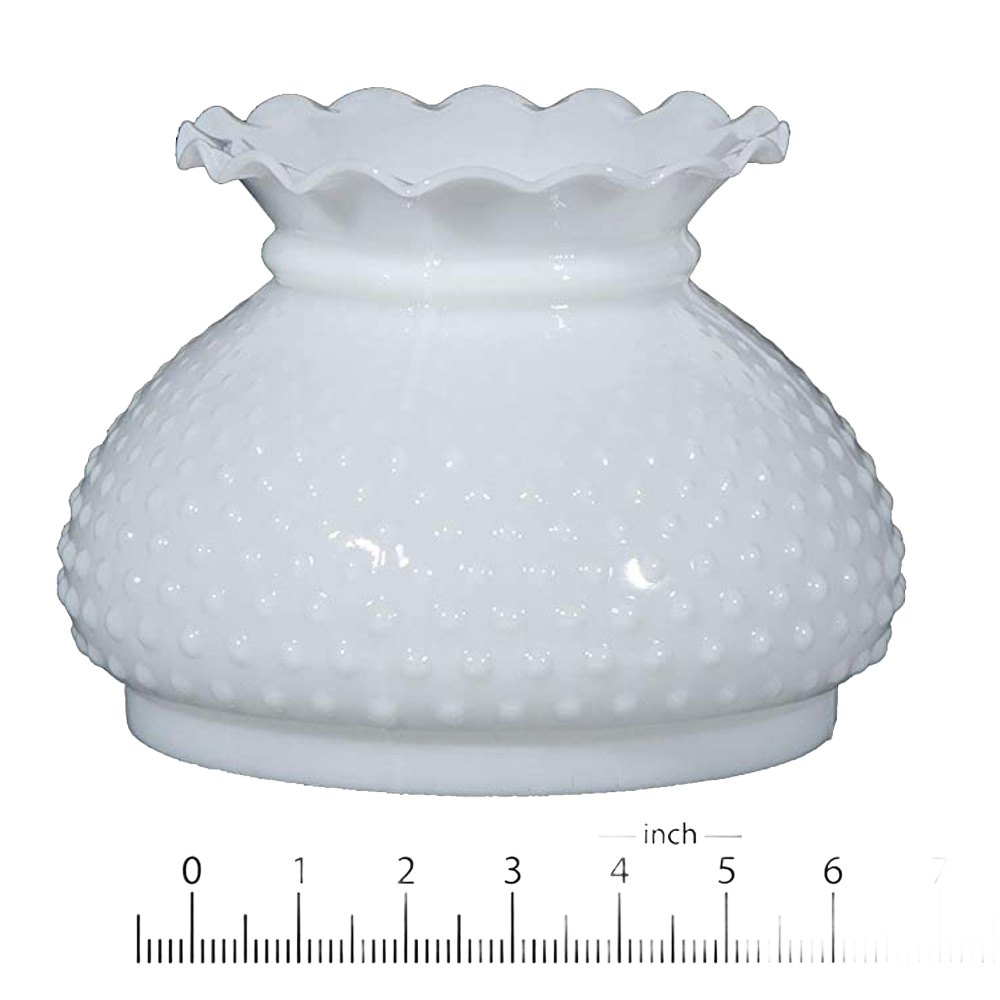 Opal hobnail glass oil lamp shade with a ruffled edge, handcrafted for use in lamps and lighting, ideal for lamp shades, parts and accessories, and featured in best sellers and promo eligible collections.