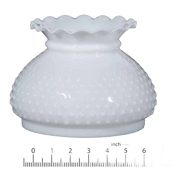 Opal hobnail glass oil lamp shade with a ruffled edge, handcrafted for use in lamps and lighting, ideal for lamp shades, parts and accessories, and featured in best sellers and promo eligible collections.