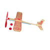 Handcrafted wooden propeller plane with a 17" wingspan, rubber band motor, and red plastic wheels, made in USA, ideal for outdoor play and children's toys collections.