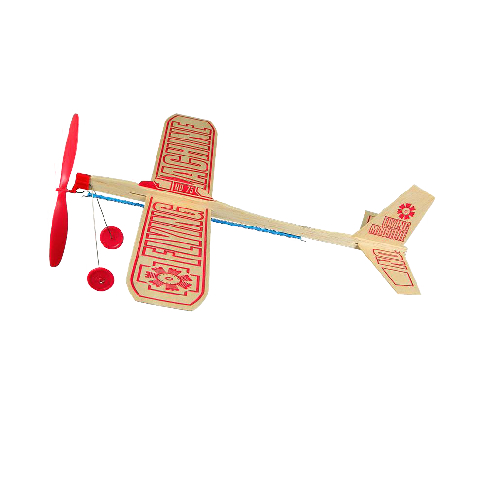 Handcrafted wooden propeller plane with a 17" wingspan, rubber band motor, and red plastic wheels, made in USA, ideal for outdoor play and children's toys collections.