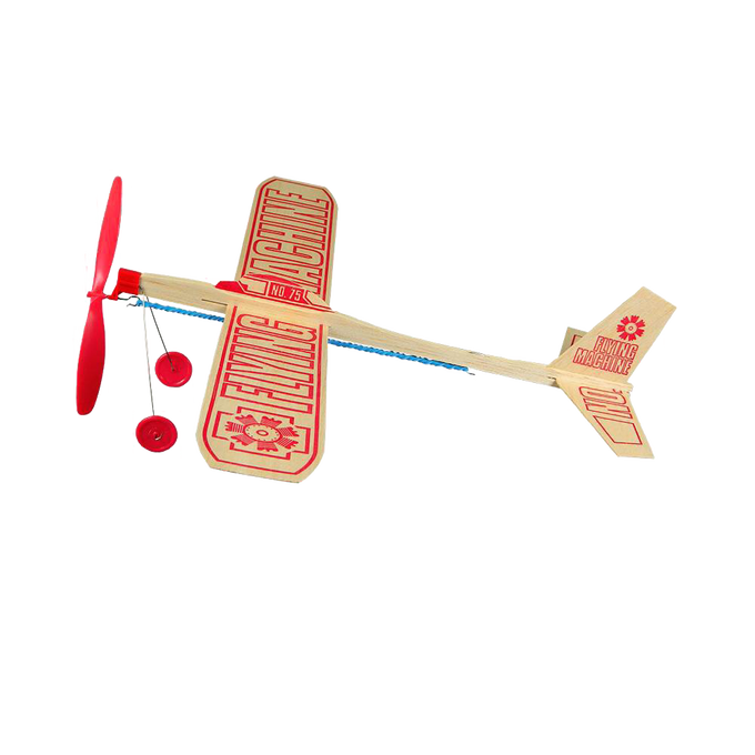 Handcrafted wooden propeller plane with a 17" wingspan, rubber band motor, and red plastic wheels, made in USA, ideal for outdoor play and children's toys collections.