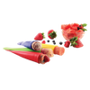 Four colorful reusable silicone molds filled with homemade frozen fruit pops, accompanied by fresh strawberries, blueberries, and raspberries, perfect for Kitchen & Food and Kitchen Gadgets collections.