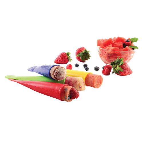 Four colorful reusable silicone molds filled with homemade frozen fruit pops, accompanied by fresh strawberries, blueberries, and raspberries, perfect for Kitchen & Food and Kitchen Gadgets collections.
