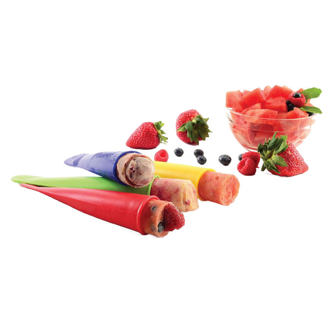Four colorful reusable silicone molds filled with homemade frozen fruit pops, accompanied by fresh strawberries, blueberries, and raspberries, perfect for Kitchen & Food and Kitchen Gadgets collections.