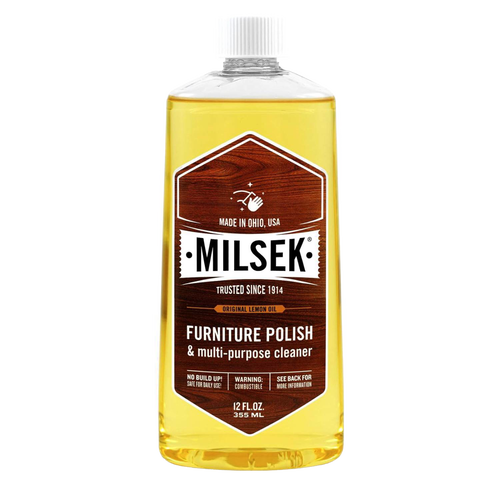 Plastic bottle of handcrafted wood furniture polish and multi-purpose cleaner with amber liquid and white cap, featuring a vintage-inspired label, perfect for Home & Decor and USA Made collections.