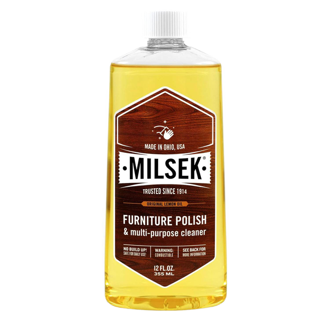 Plastic bottle of handcrafted wood furniture polish and multi-purpose cleaner with amber liquid and white cap, featuring a vintage-inspired label, perfect for Home & Decor and USA Made collections.
