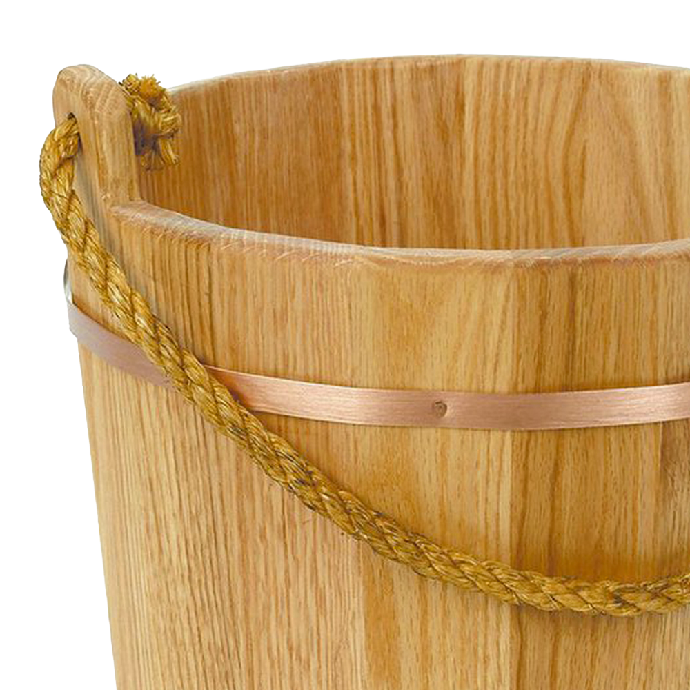 Handcrafted Old-Fashioned Wooden Bucket with kiln-dried oak slats, burnished copper-colored metal band, and durable handmade sisal rope handle, featured in Farm, Garden & Tool, USA Made, and Best Sellers collections.