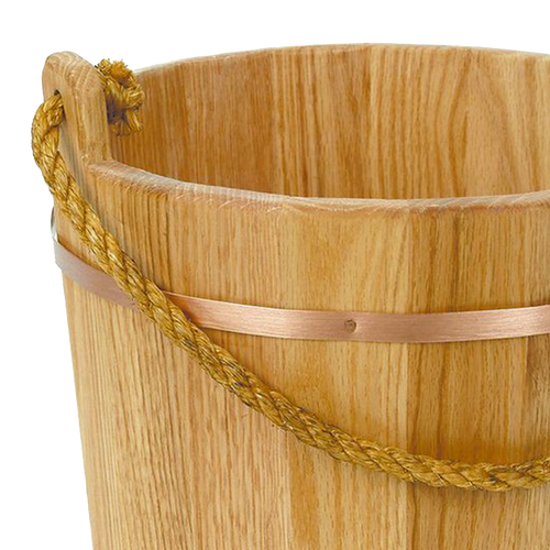 Handcrafted Old-Fashioned Wooden Bucket with kiln-dried oak slats, burnished copper-colored metal band, and durable handmade sisal rope handle, featured in Farm, Garden & Tool, USA Made, and Best Sellers collections.
