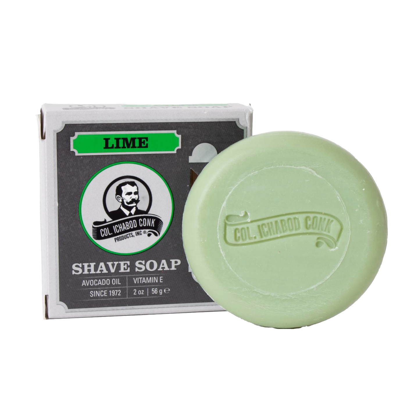 Small lime shaving soap bar embossed with brand logo, displayed next to its boxed packaging, featuring moisturizing ingredients and included in Health & Wellness, Grooming, Soaps, USA Made, and Best Sellers collections.